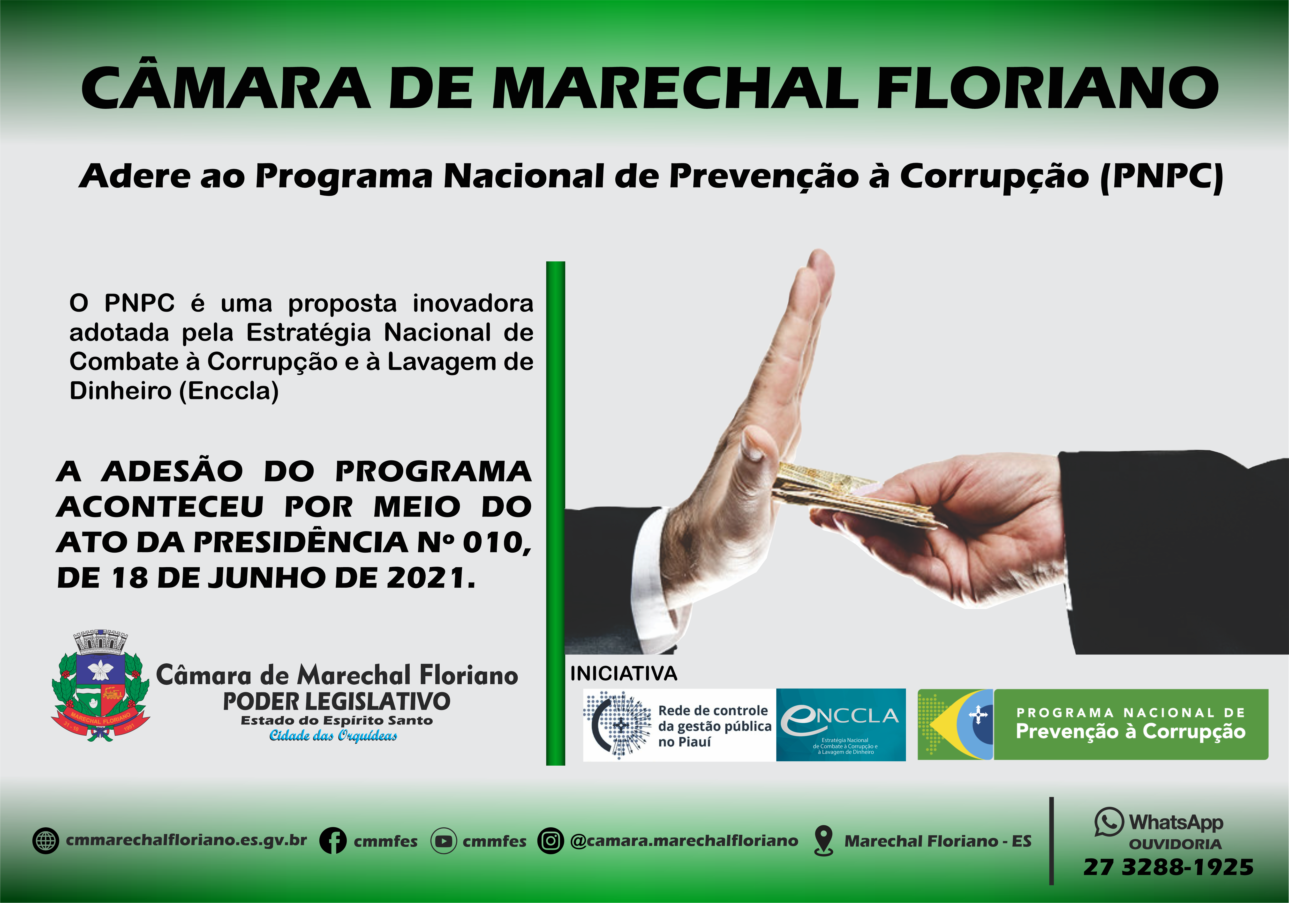 Câmara de Marechal Floriano adere ao Programa Nacional de Prevenção à Corrupção (PNPC)