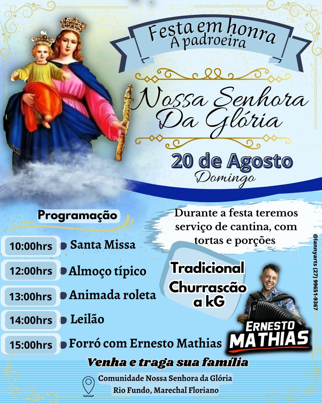 Festa em Honra a Padroeira Nossa Senhora da Glória em Rio Fundo acontece neste final de semana