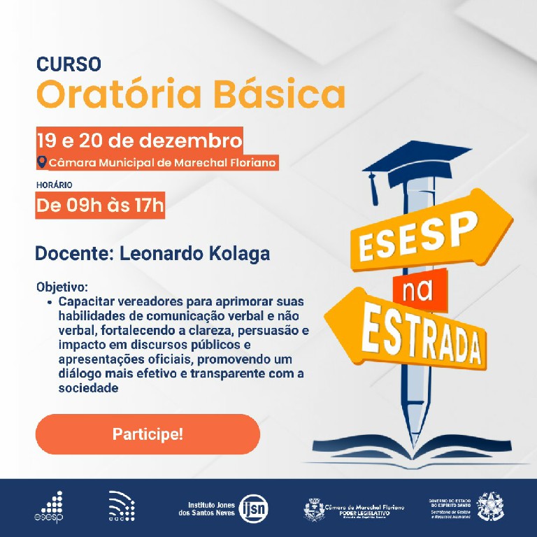 Parceria entre Câmara de Marechal Floriano e ESESP- ES oferece curso Oratória Básica